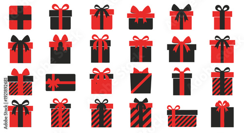 Collection of assorted red and black gift boxes with ribbons and bows presented in a grid layout symbolizing celebration surprise and festive occasions perfect for holiday marketing e commerce