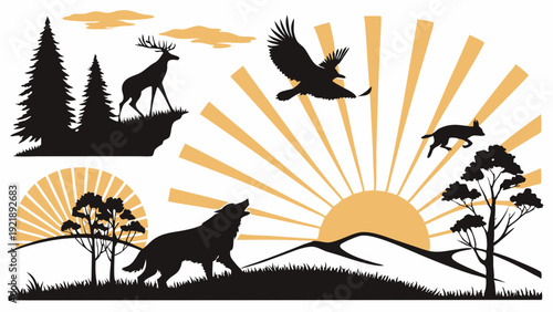 Wilderness Sunrise Silhouette Set Majestic Wolf Deer Eagle Forest Landscape Design Elements for Outdoor Adventure Branding and Nature Projects