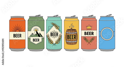 Collection of colorful beverage cans featuring diverse artistic designs including mountain landscapes rustic barrels and abstract patterns promoting a celebratory atmosphere for parties gatherings