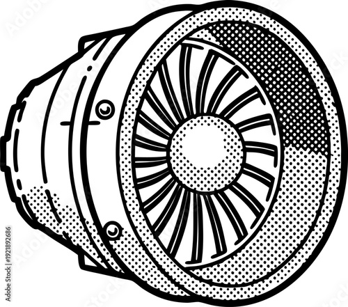 Jet engine turbine illustration aircraft propulsion component with detailed fan blades in technical