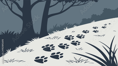 Wild Animal Paw Prints Trail Up Grassy Hillside Forest Path for Wildlife Tracking Adventure or Nature Documentary Background