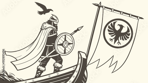 Viking Warrior Sailing Ship with Raven Banner for Adventure Travel Gaming or Historical Media Design