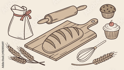 Rustic Bakery Ingredients and Tools Illustration for Cafe Menus Website Design and Food Blog Graphics