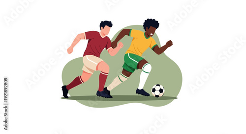 Dynamic illustration of two diverse male athletes intensely competing in a football soccer match dribbling the ball with determination and agility on a green field capturing the spirit of teamwork