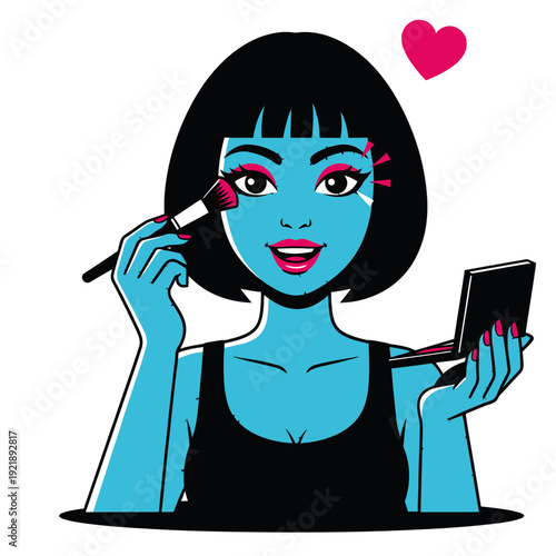 Beautiful woman applying pink eyeshadow with a makeup brush while looking in a compact mirror, retro pop art comic style illustration for beauty tutorials and cosmetic fashion.