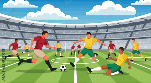 Dynamic soccer match unfolds on a vibrant green stadium field under a bright blue sky with fluffy clouds showcasing athletes in red and yellow jerseys actively competing dribbling and tackling