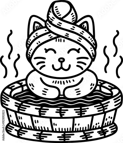 Cat relaxing in hot bath with towel on head spa wellness concept illustration in black and white