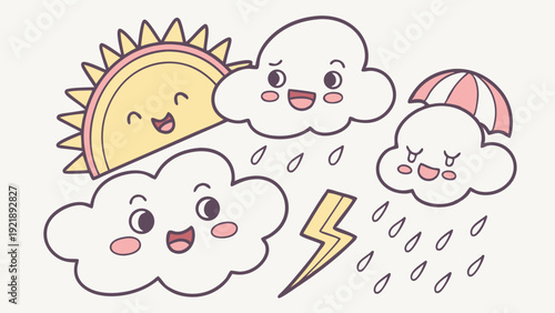 Cute Weather Icons Sun Rain Clouds Lightning for Kids Education App Design and Childrens Book Illustration