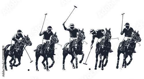 Dynamic polo match silhouette five riders on horseback engage in intense competition swinging mallets to strike ball capturing the thrill of equestrian sport and aristocratic pastime with energetic