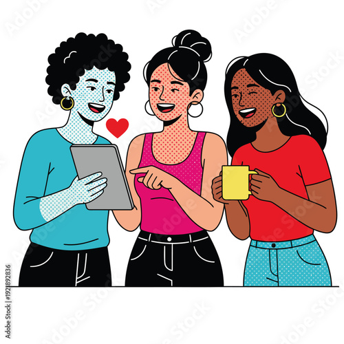 Diverse group of three young women using a digital tablet together, modern lifestyle illustration of female friendship, multicultural collaboration, and social media connectivity in retro pop art styl