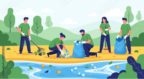 People in green shirts picking up trash and cleaning a polluted riverbank with blue bags