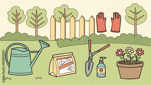 Gardening Tools Set Watering Can Gloves Shovel Fertilizer for Spring Planting Projects Outdoor Home Hobby Illustration