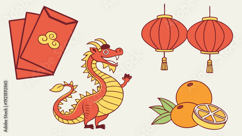 Vibrant Chinese New Year Celebration Elements Red Envelopes Dragon Lanterns and Oranges for Festive Holiday Design Projects