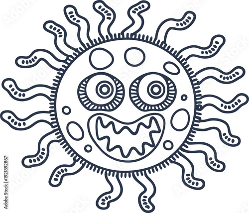 Funny virus character with big eyes and jagged mouth, black outline drawing