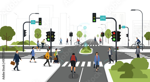 Smart City Intersection: Cyclists, Pedestrians, Traffic Lights, Modern Urban Transport
