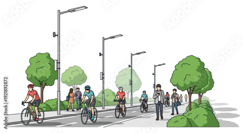 Urban cycling path with cyclists, pedestrians, trees, and lampposts