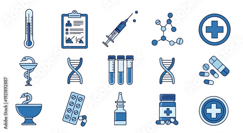 Medical icons set including thermometer syringe dna pills and healthcare symbols in blue on white background for medicine and health concepts