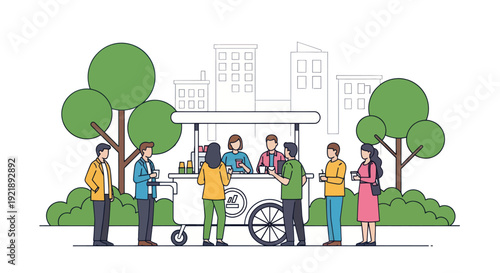 People queuing at a food cart in a park with city buildings in the background, illustration.