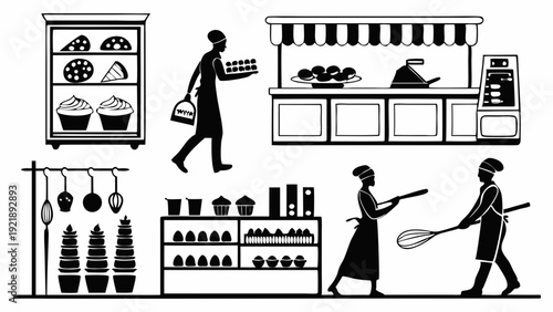 Bakery Staff Silhouettes Preparing Pastries and Serving Customers at Counter for Food Service Design Projects
