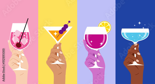 Hands holding colorful cocktails with garnishes on pastel background