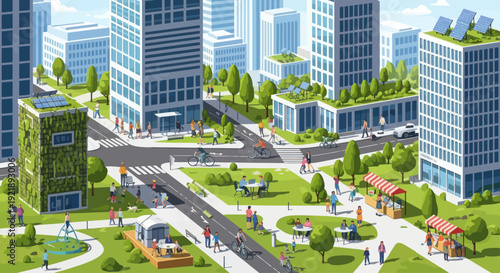 Eco-friendly cityscape with green buildings, solar panels, parks, and people enjoying urban life.
