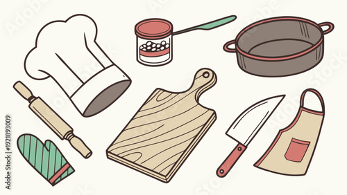 Baking Tools Collection Chef Hat Rolling Pin Knife Apron for Recipe Blog Cooking Website Design