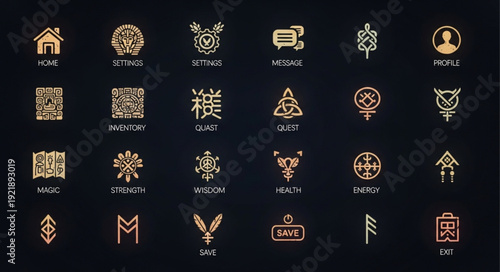 Collection of Golden Ancient Symbols and Runes on Dark Background.