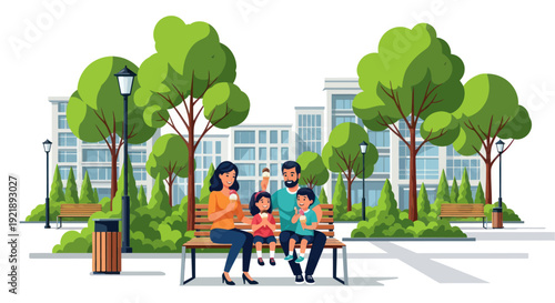 Happy family enjoying ice cream on park bench surrounded by trees and modern buildings