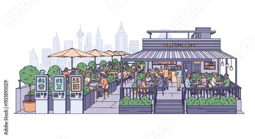Vibrant urban cafe with outdoor seating and digital kiosks