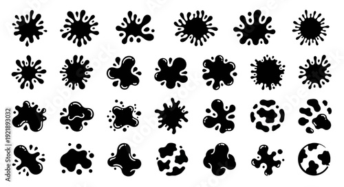 Collection of black ink splatters and splotches on white background abstract art design elements