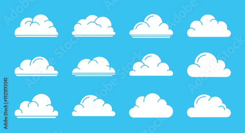 Collection of white fluffy cloud icons on blue background for weather forecast and design
