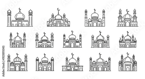 Collection of mosque architecture illustrations in various styles and designs showcasing domes minarets and arches in a line drawing format for cultural or religious concepts