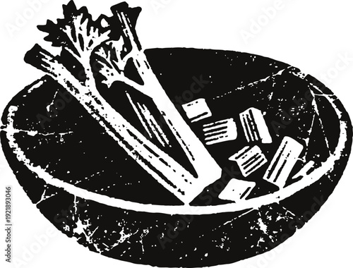 Hand carved wooden bowl with celery stalks and cut celery pieces, rustic kitchen illustration