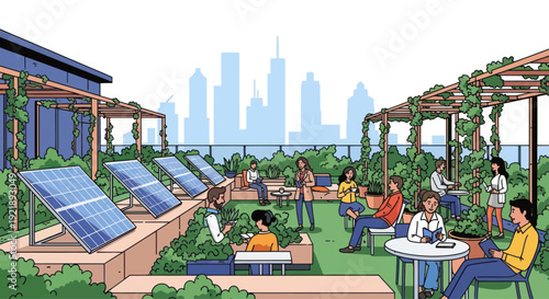 Rooftop Garden with Solar Panels and Cityscape - Sustainable Urban Living