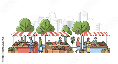Farmers Market Scene with People Shopping Fresh Produce Outdoors