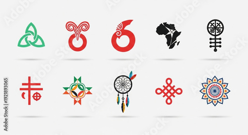 Collection of diverse cultural symbols and icons.