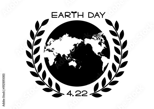 アースデー黒アイコン 葉の飾りと世界地図