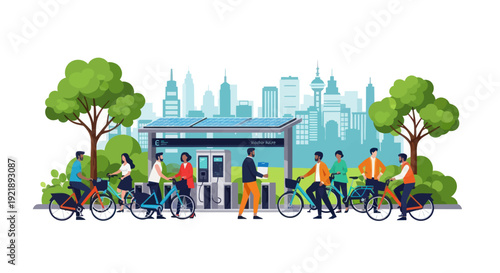 Eco-friendly city life with solar-powered bike station and diverse people