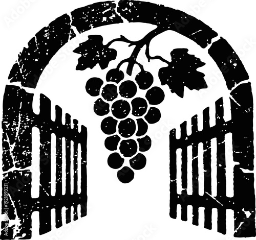 Rustic grapevine arch with open wooden gates silhouette in vintage distressed