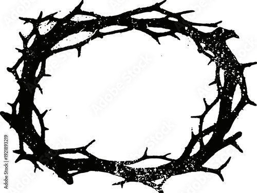Black crown of thorns circular frame silhouette with rough texture isolated on white background