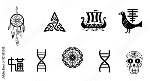Collection of diverse cultural symbols and icons.