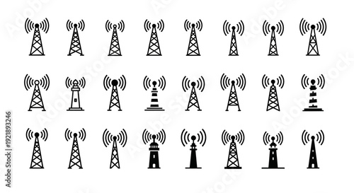 Collection of various cell phone towers and communication antennas in black and white different styles and designs