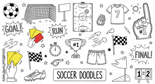 Soccer doodles collection with goal trophy jersey and sports equipment illustrating various football actions and emotions