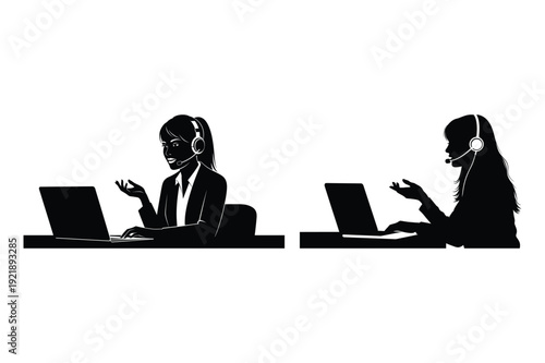 Customer Service Operators with Headsets Working on Laptops Silhouette Style