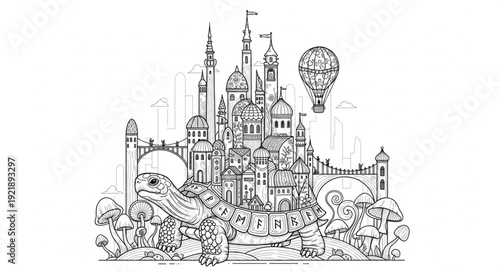 Intricate castle illustration with towers, arches, and a hot air balloon, detailed architectural design.