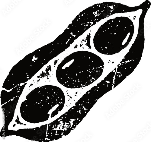 simplified black and white illustration of three seeds in a pod isolated on white background