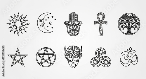 Collection of mystical and spiritual symbols in black and white outline.