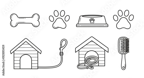 Collection of dog related items, including bone, paw prints, food bowl, and dog houses.