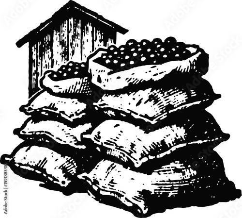 Stack of grain and seed sacks near a small wooden storage shed illustration