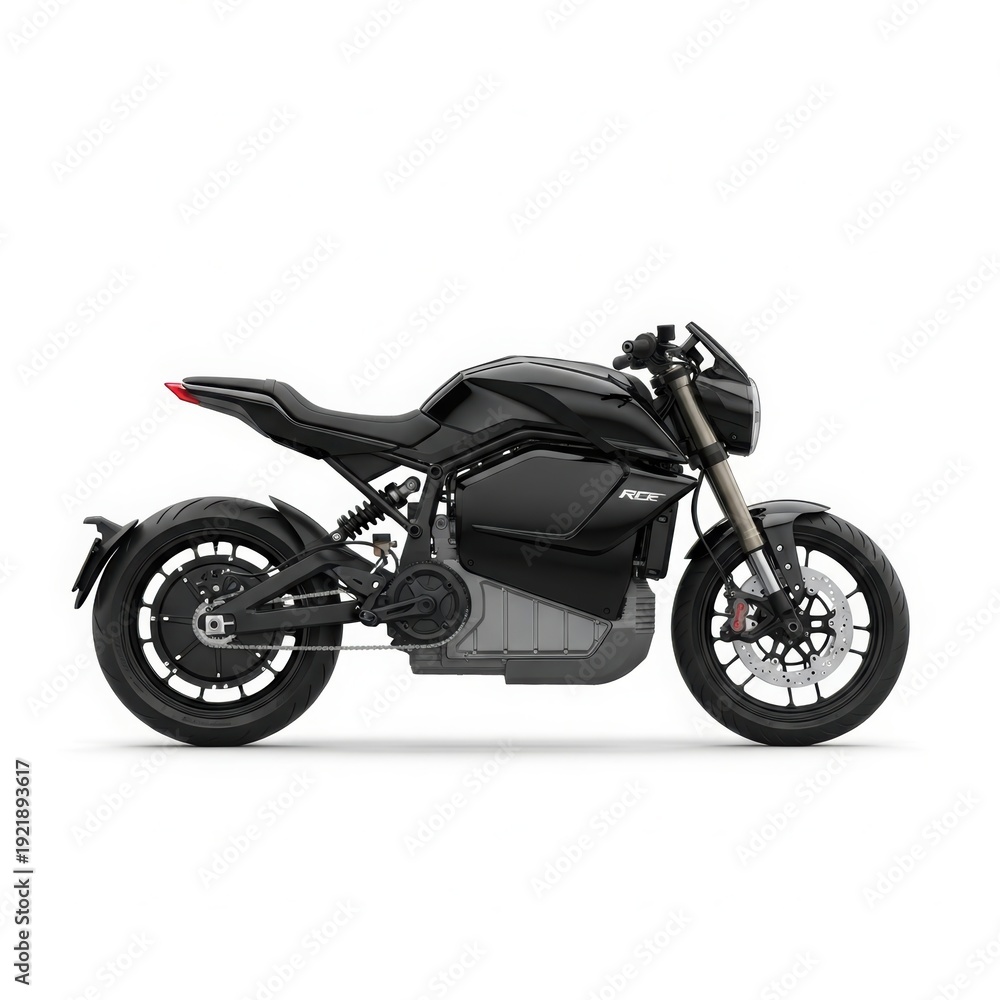 Obraz premium Profile view of a modern black electric motorcycle isolated on a white background.